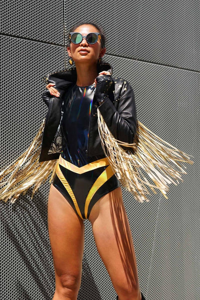 Womens black and gold fringed leather jacket from Love Khaos