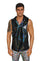 Man wearing futuristic black holographic Mens Rave Shirt Hoodie Tank from Love Khaos mens Festival Clothing brand.