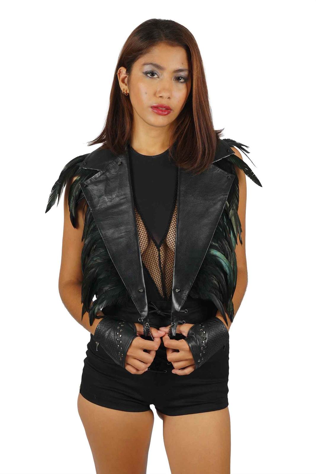 black leather lapels with feathers from Love Khaos