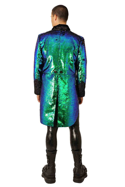 Shiny iridescent green Sequin Tailcoat disco blazer jacket from Love Khaos