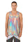 man wearing a holographic silver loose tank top from Love Khaos.