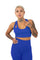 Cute blue crop top and matching blue high waisted leggings, a complete outfit set made from eco friendly recycled plastic fabric by Ekoluxe sustainable loungewear brand