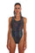 Holographic silver and black high cut bodysuit from Love Khaos