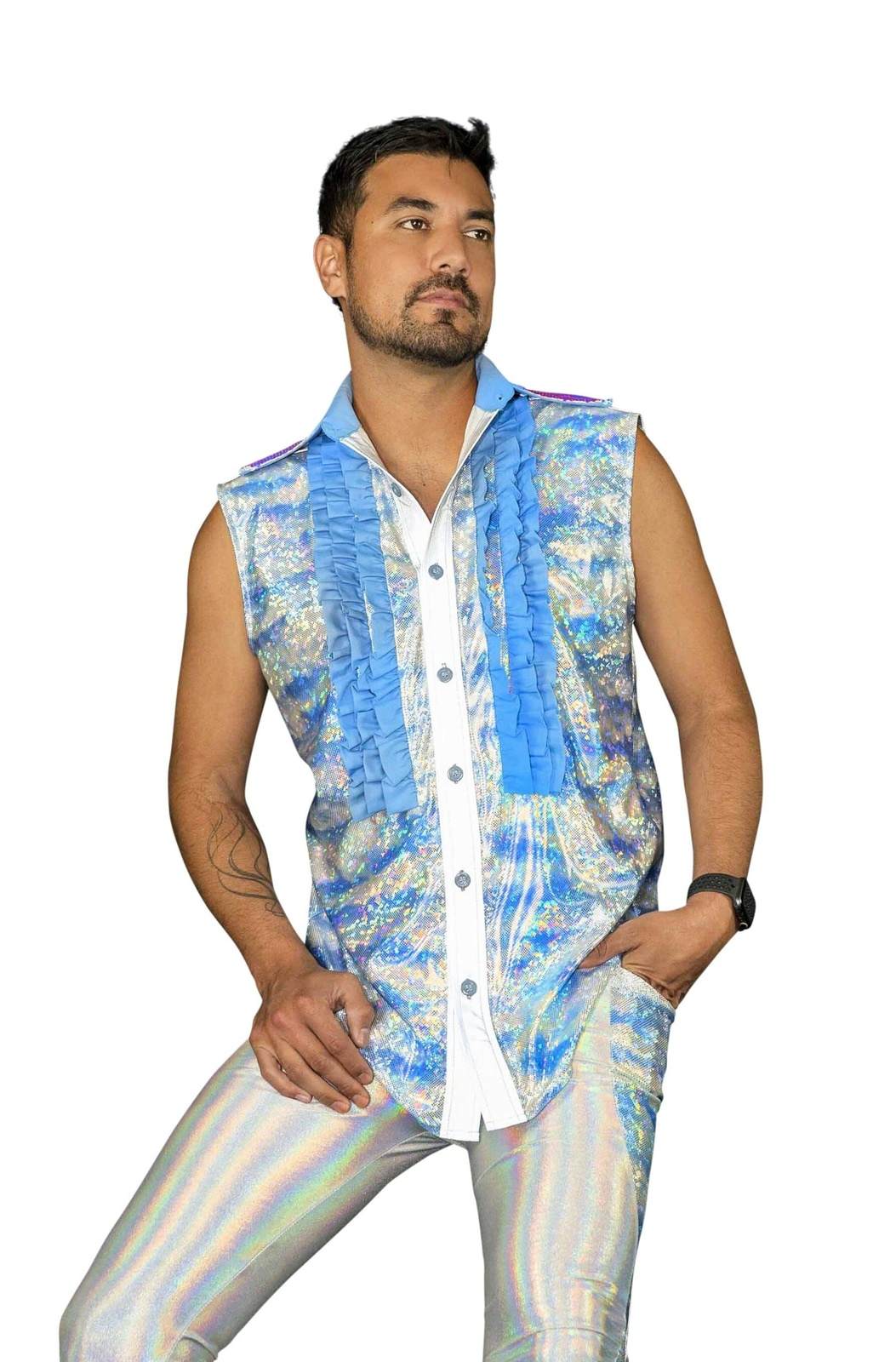 Powder Blue Ruffled Tuxedo Shirt, Love Khaos Festival Wear, Large Size , Blue/Silver Photobomber Powder Blue Ruffled Tuxedo Shirt, Love Khaos Festival Wear, Large Size , Blue/Silver Photobomber