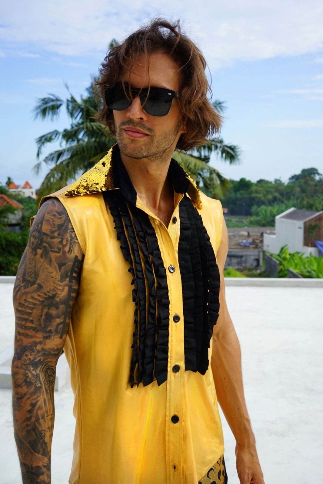 Holographic Gold Ruffle Tuxedo Shirt Love Khaos Rave Wear