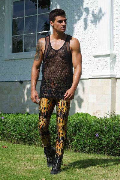 Man wearing a black mesh festival outfit with flame print leggings from Love Khaos