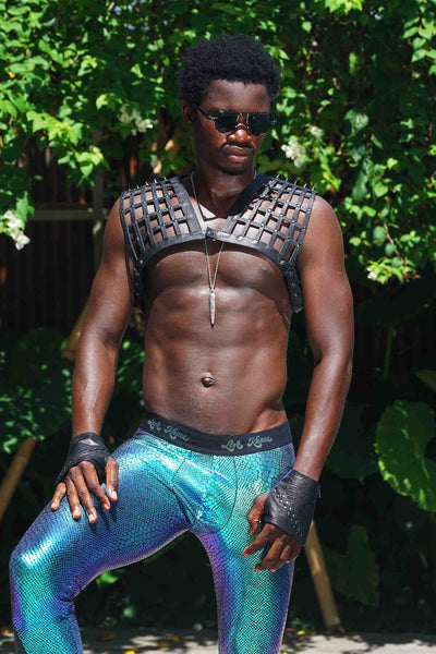 man wearing a Mens Leather Chest Harness from Love Khaos 
