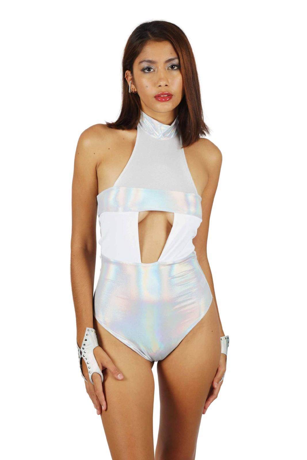  Holographic Silver High Neck Bodysuit with underboob cutout from Love Khaos.
