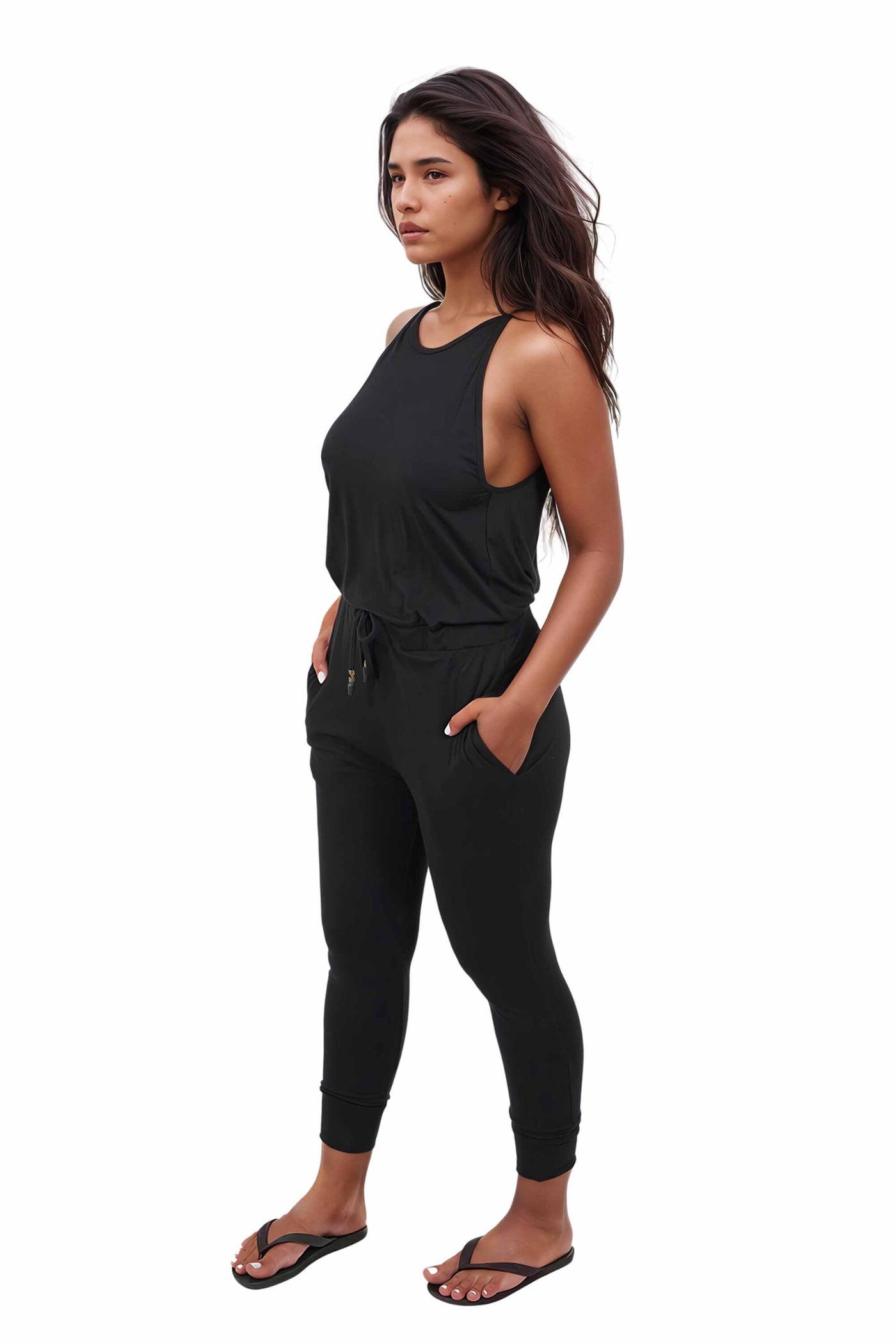 Woman wearing a Womens Black Casual Jumpsuit from Ekoluxe.