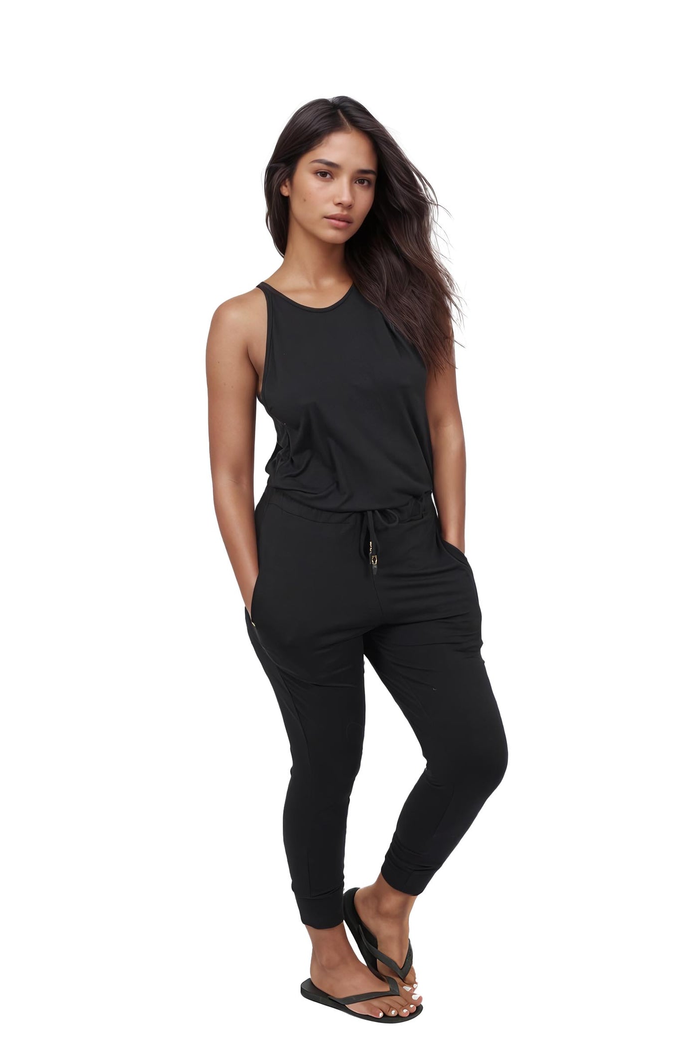 Woman wearing a Womens Black Casual Jumpsuit from Ekoluxe.