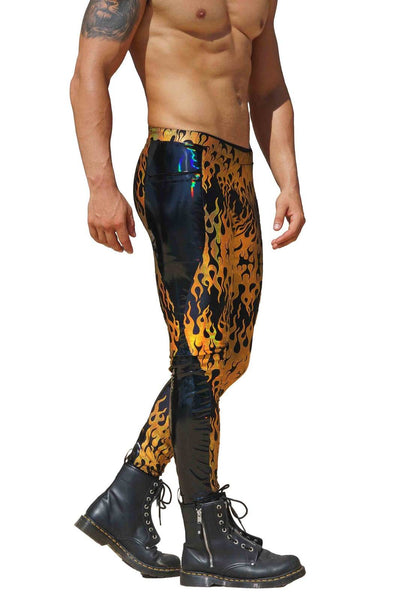 man wearing flame print gold meggings with pockets from Love Khaos