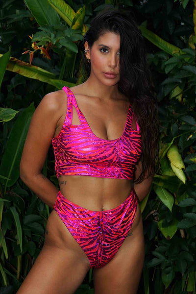 Bliss High Cut Hot Pink Rave Bottoms with reflective panel from Love Khaos