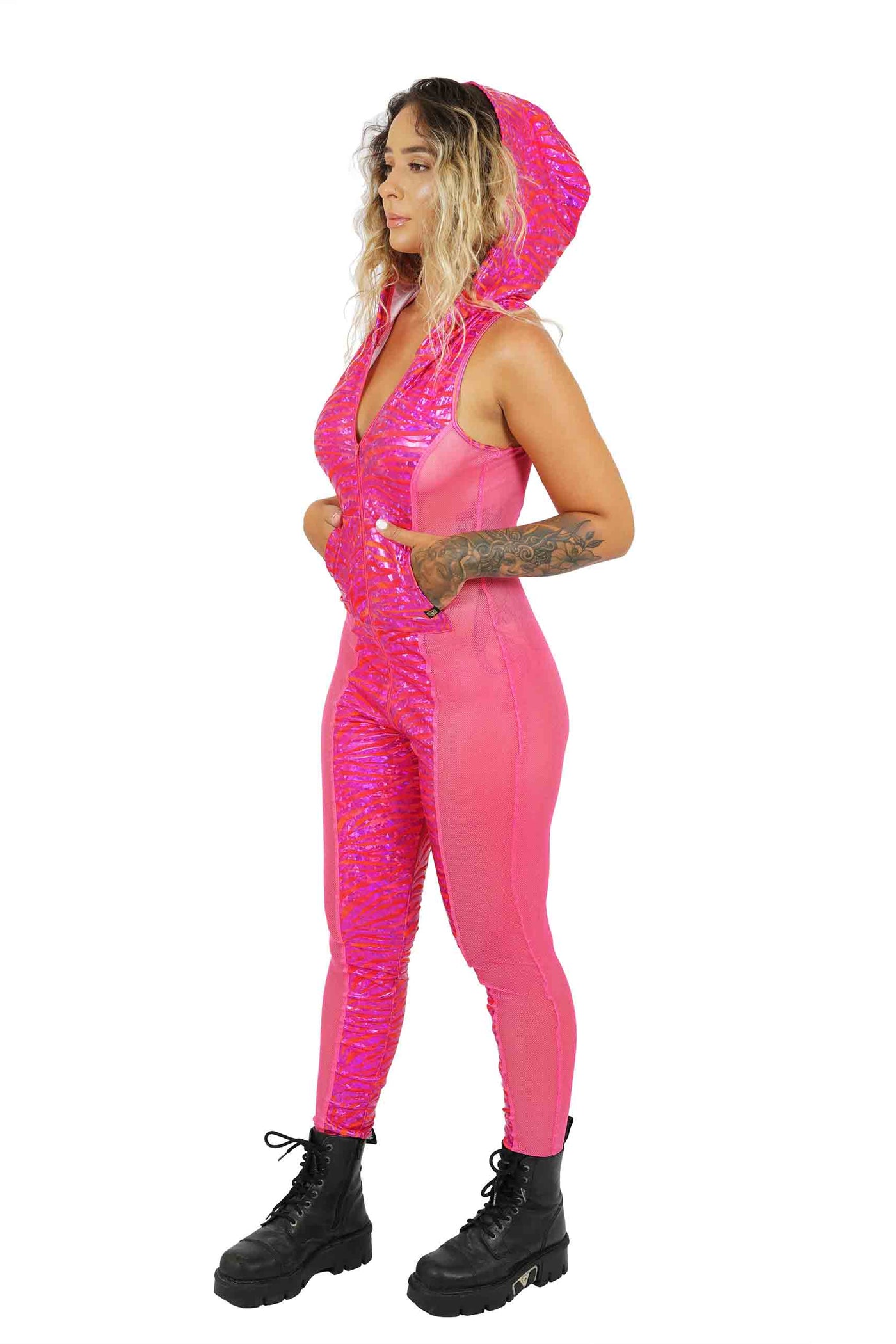 woman wearing  a pink catsuit from Love Khaos