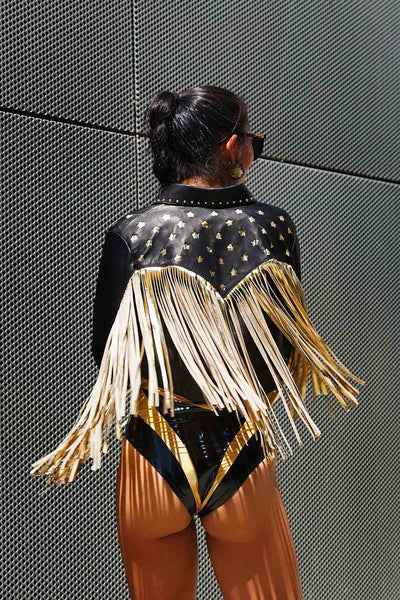 Womens black and gold Crop leather tassel jacket with stars & studs from Love Khaos