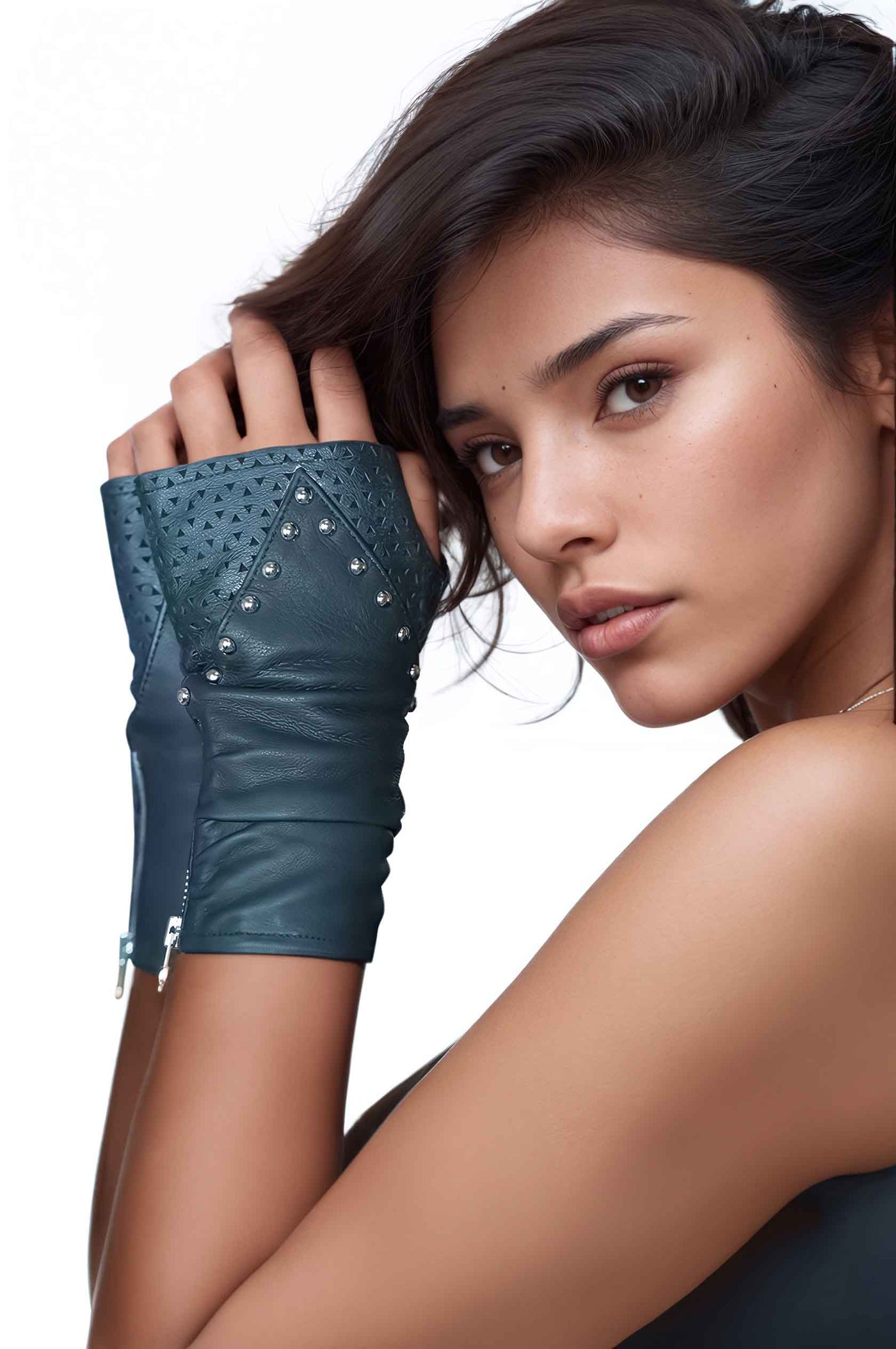 Love Khaos black leather fingerless gloves with studs