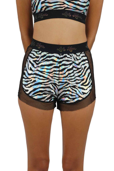 Holographic silver zebra print womens Dolphin Shorts from Love Khaos.