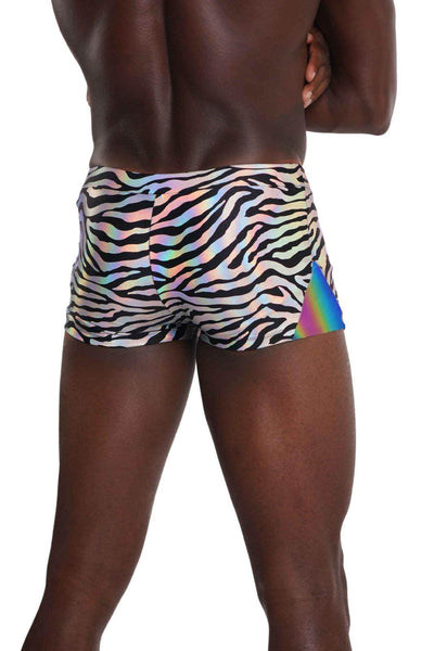 Holographic Silver Zebra Print Mens Booty Shorts with a pouch from Love Khaos