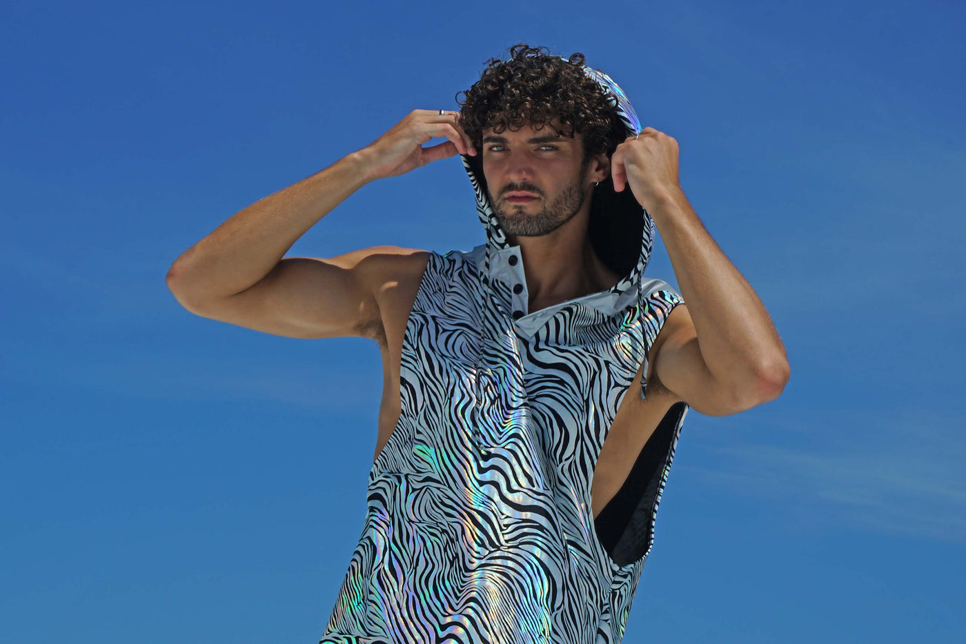 Mens Holographic Silver zebra print festival hoodie top by Love Khaos Festival Clothing Brand