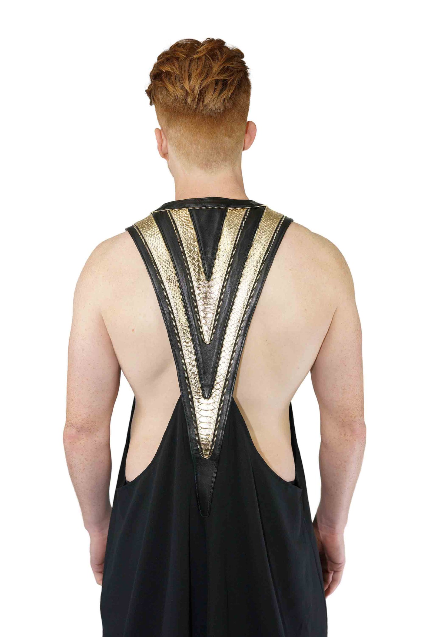 man wearing a black and gold kimono vest from Love Khaos