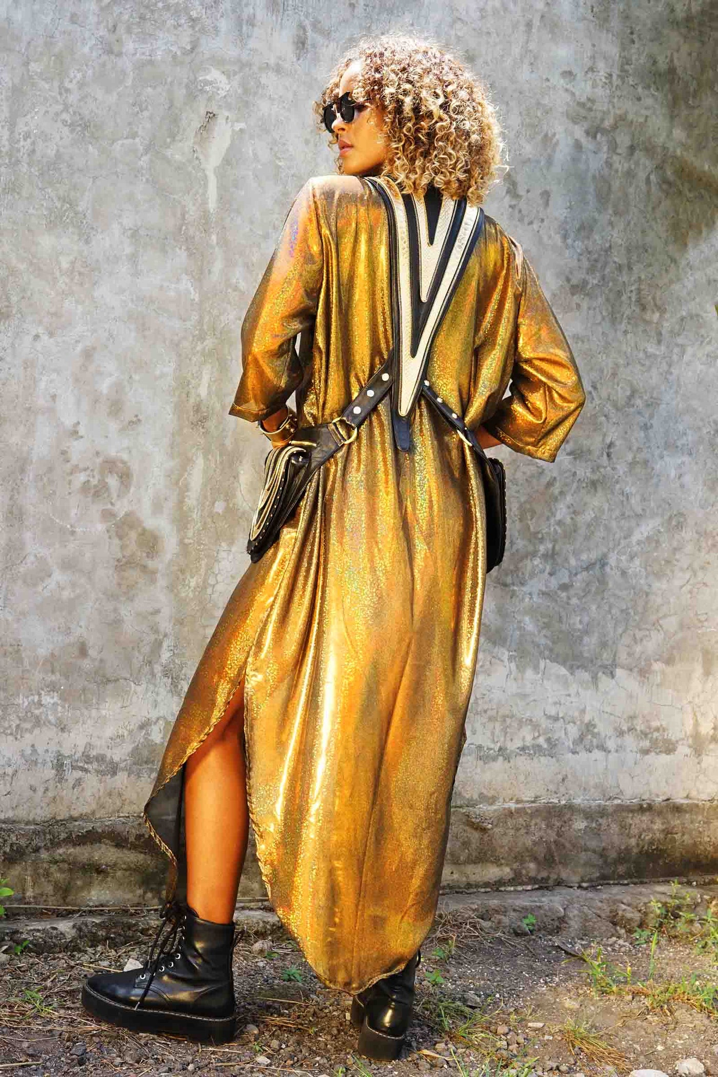 woman wearing a gold chiffon kimono from Love Khaos