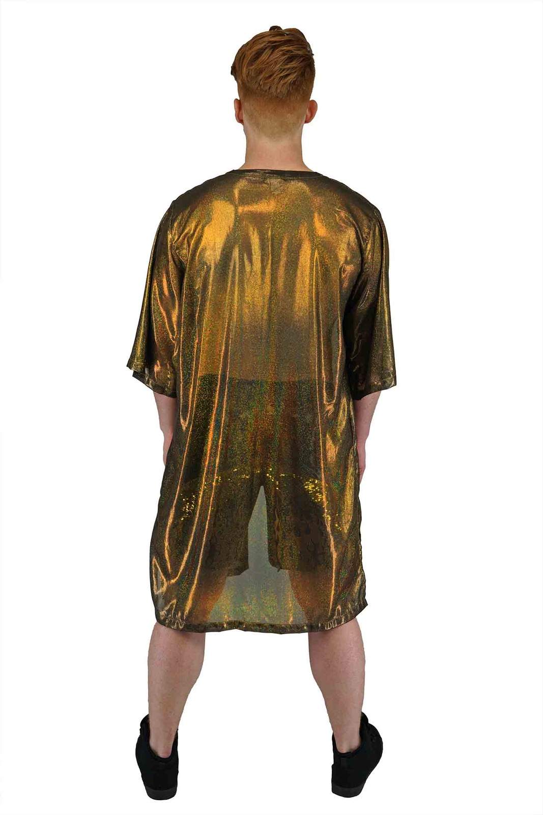 Man wearing a holographic gold kimono from Love Khaos
