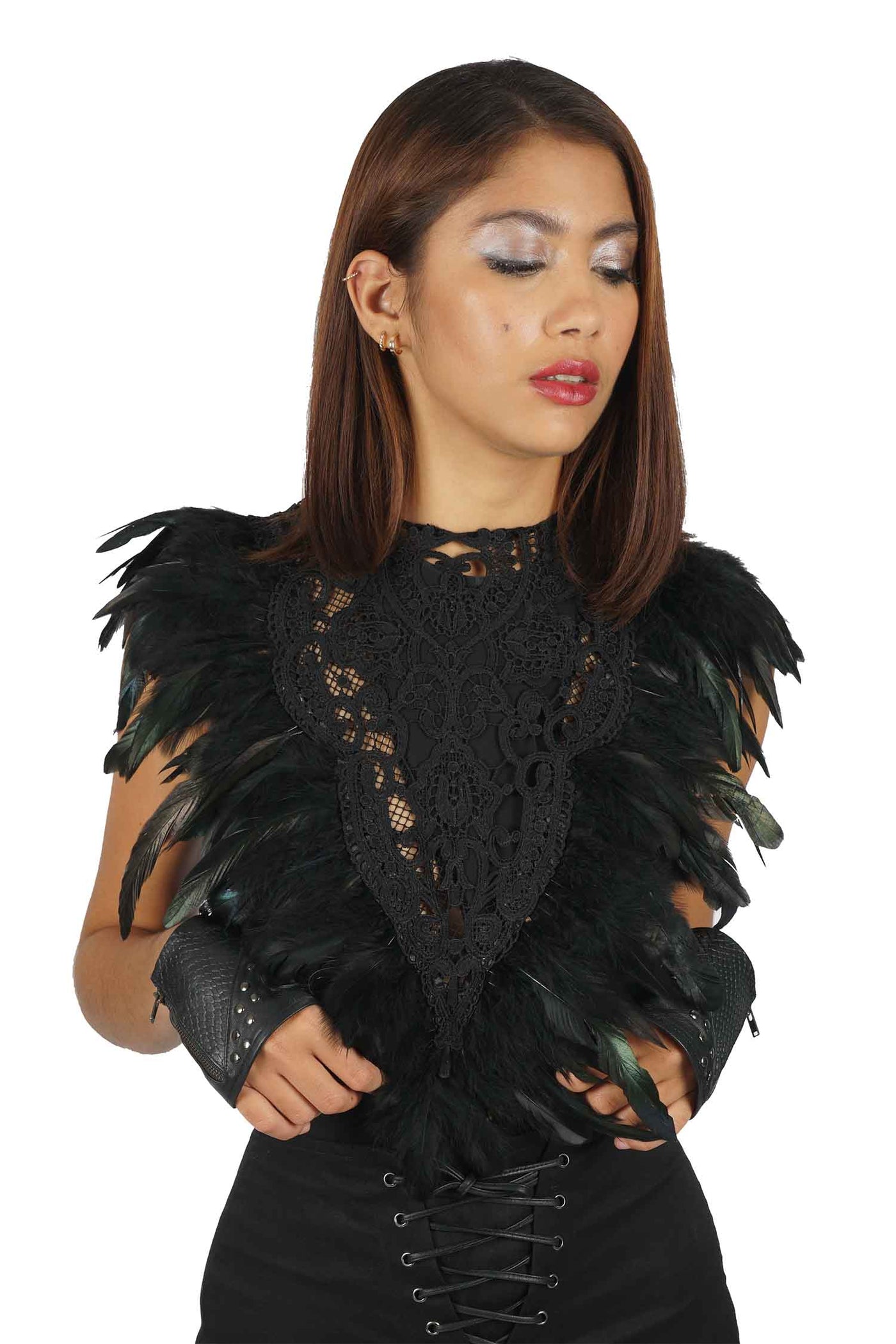 woman wearing a Boho Lace Top with Feathers from Love Khaos