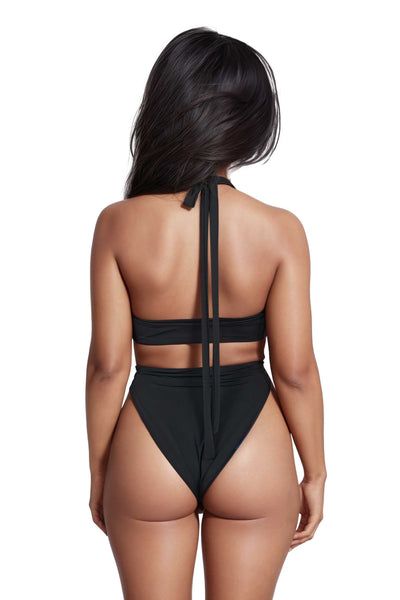 woman wearing a High Cut Black One Piece Swimsuit from Ekoluxe.