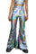 a woman wearing holographic silver bell bottoms from Love Khaos