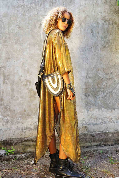 woman wearing a gold chiffon kimono from Love Khaos