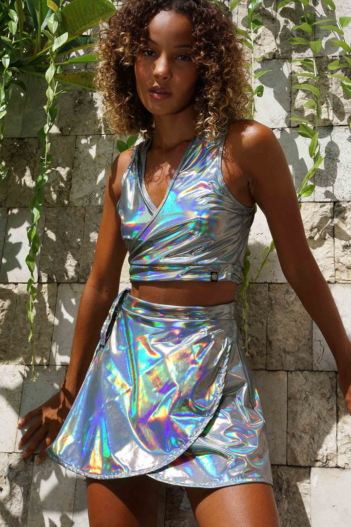 Holographic wrap skirt hotsell