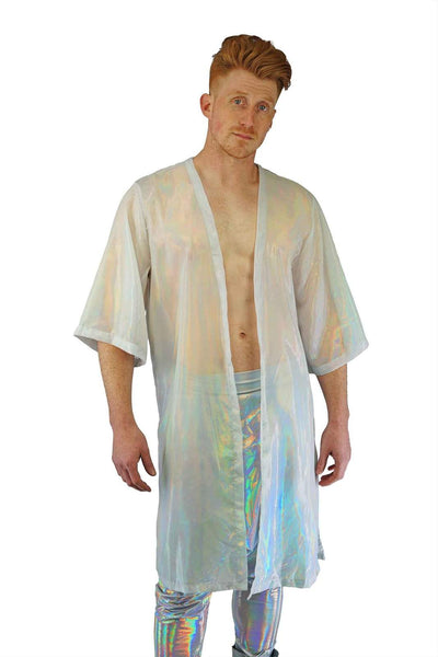 man wearing a holographic white kimono from Love Khaos