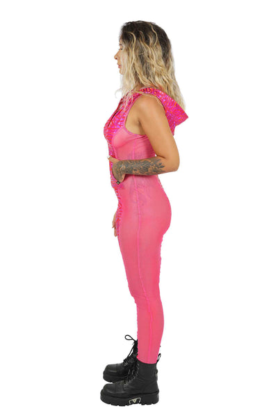 woman wearing a hot pink jumpsuit from Love Khaos
