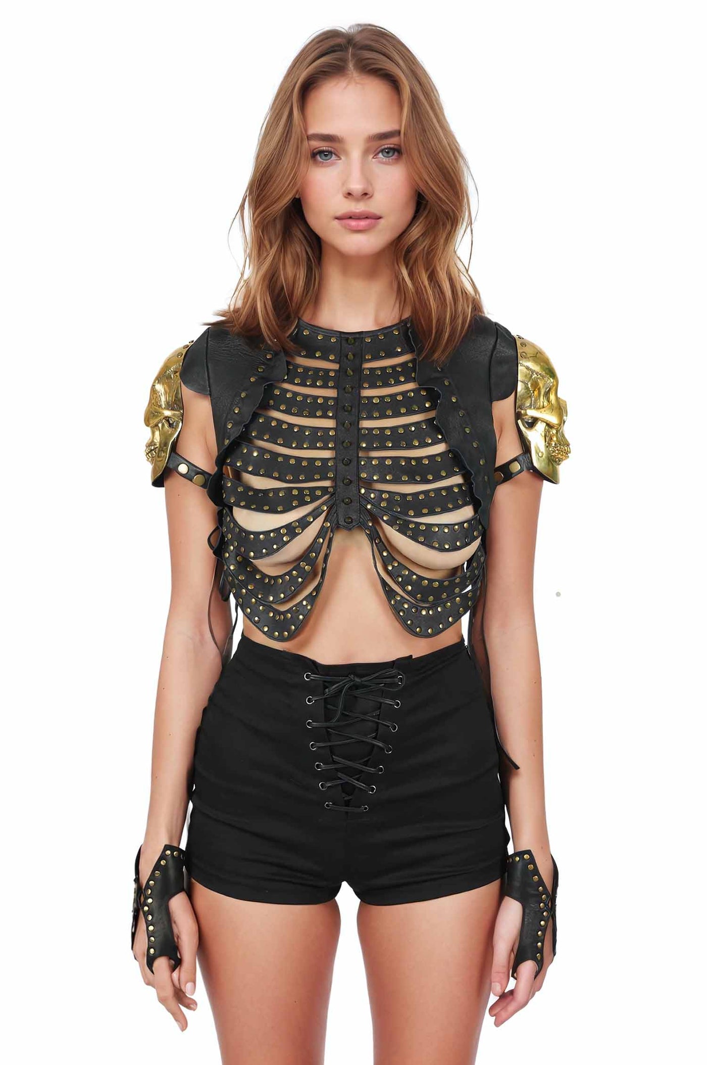 Black leather skeleton harness with gold skull shoulder pads from Love Khaos
