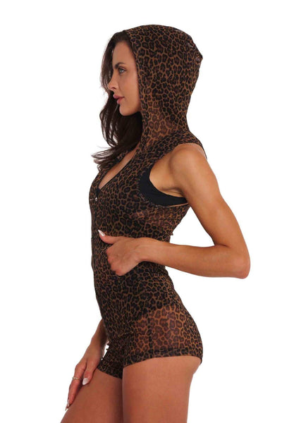 Women wearing a leopard print mesh romper from Love Khaos
