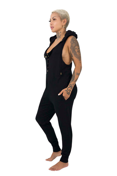 woman wearing a racerback hoodie jumpsuit from Ekoluxe