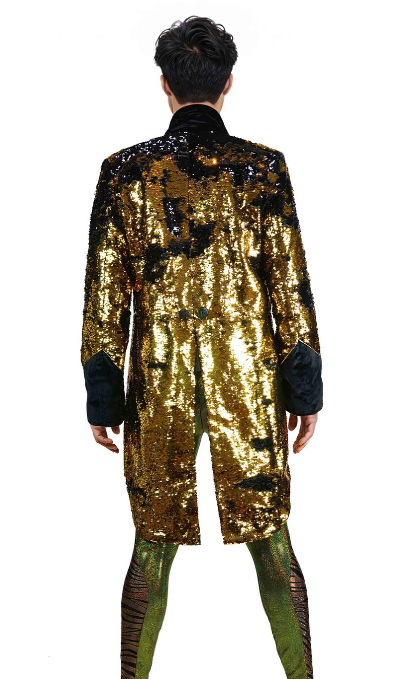 Mens Sequin Tuxedo Jacket with black and gold sequins by Love Khaos