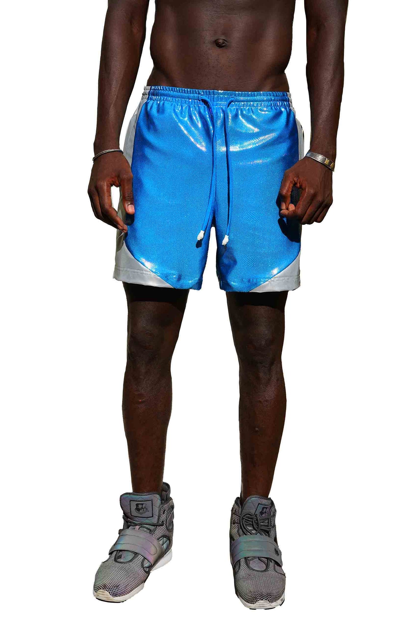 a man wearing blue mens party shorts from Love Khaos