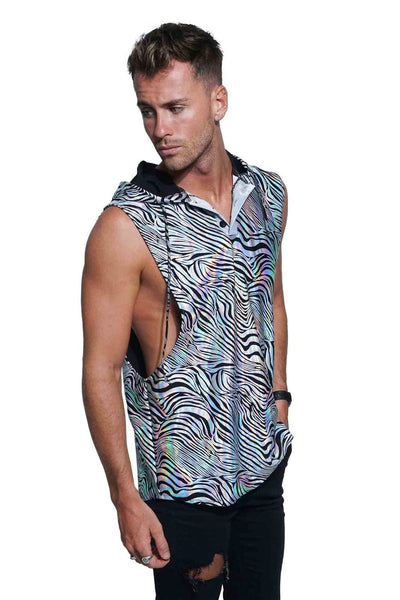Mens festival hoodie tank in holographic silver zebra print from Love Khaos