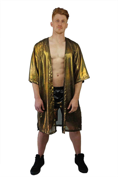 Man wearing a holographic gold kimono from Love Khaos