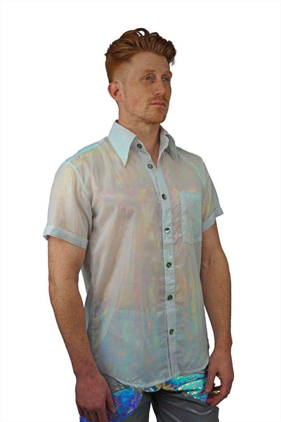 man wearing a white holographic button up shirt from Love Khaos.