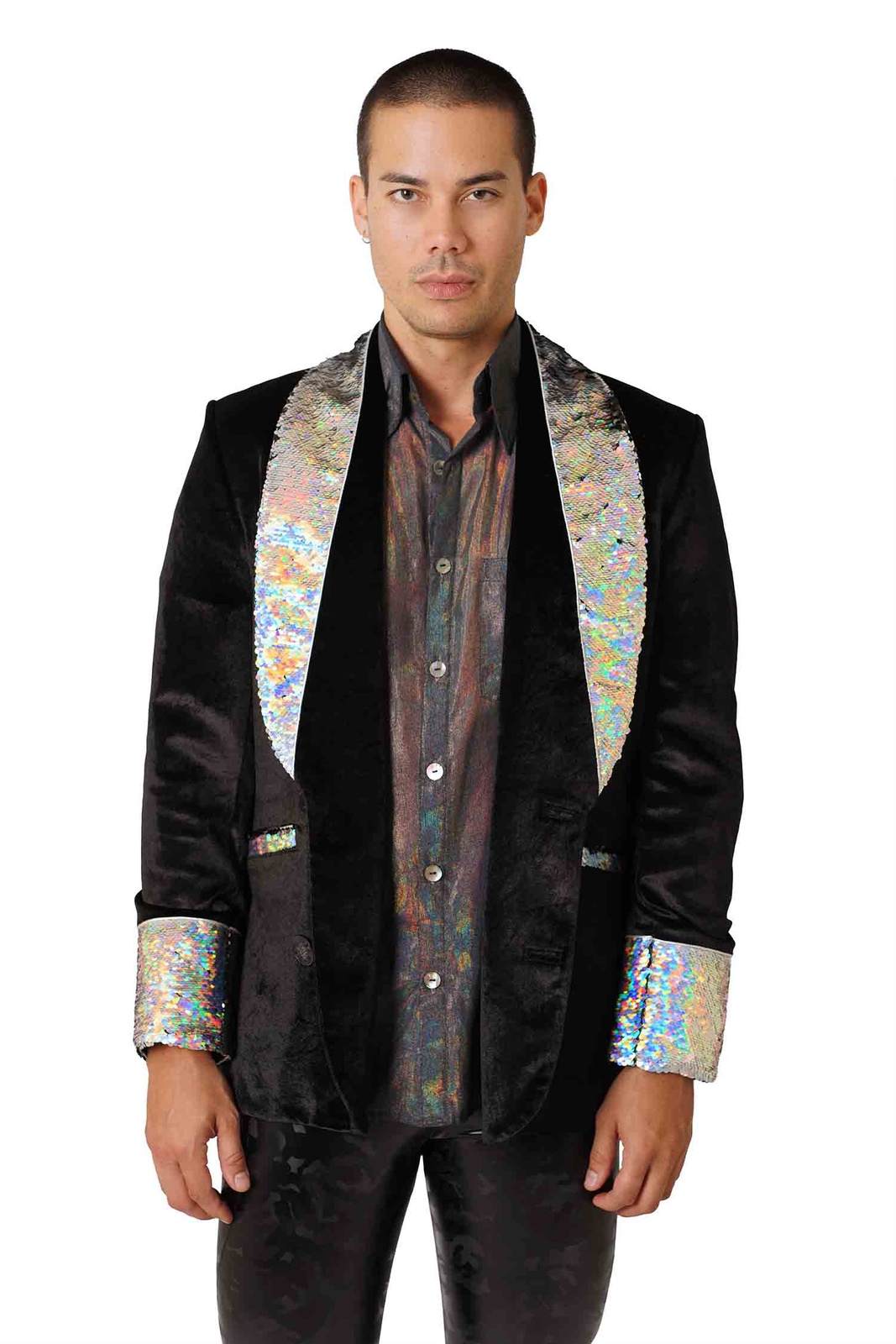 Black Velvet Smoking Jacket with Silver Sequins | Love Khaos