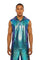 man wearing an iridescent green mens tank top with hoodie from Love Khaos.