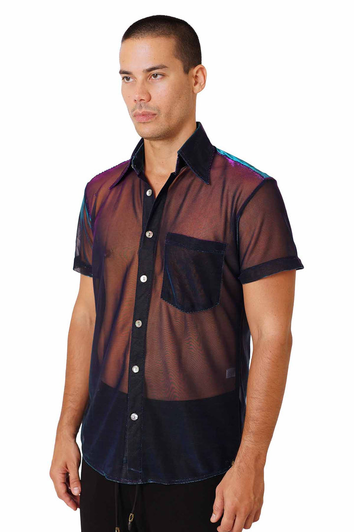 Mens See Through Dress Shirt | Iridescent Blue | Love Khaos