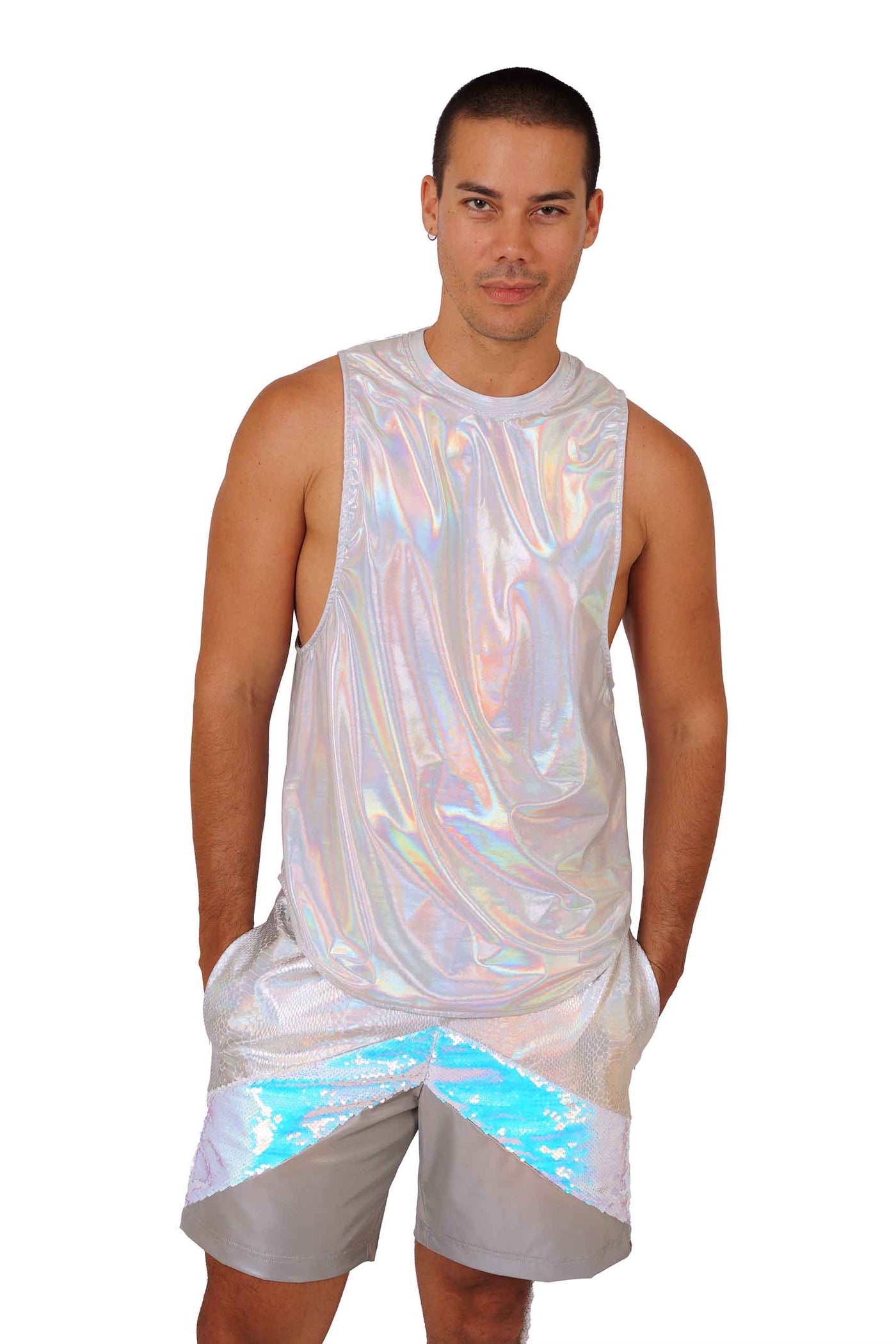man wearing sequin shorts and a holo tank top from Love Khaos