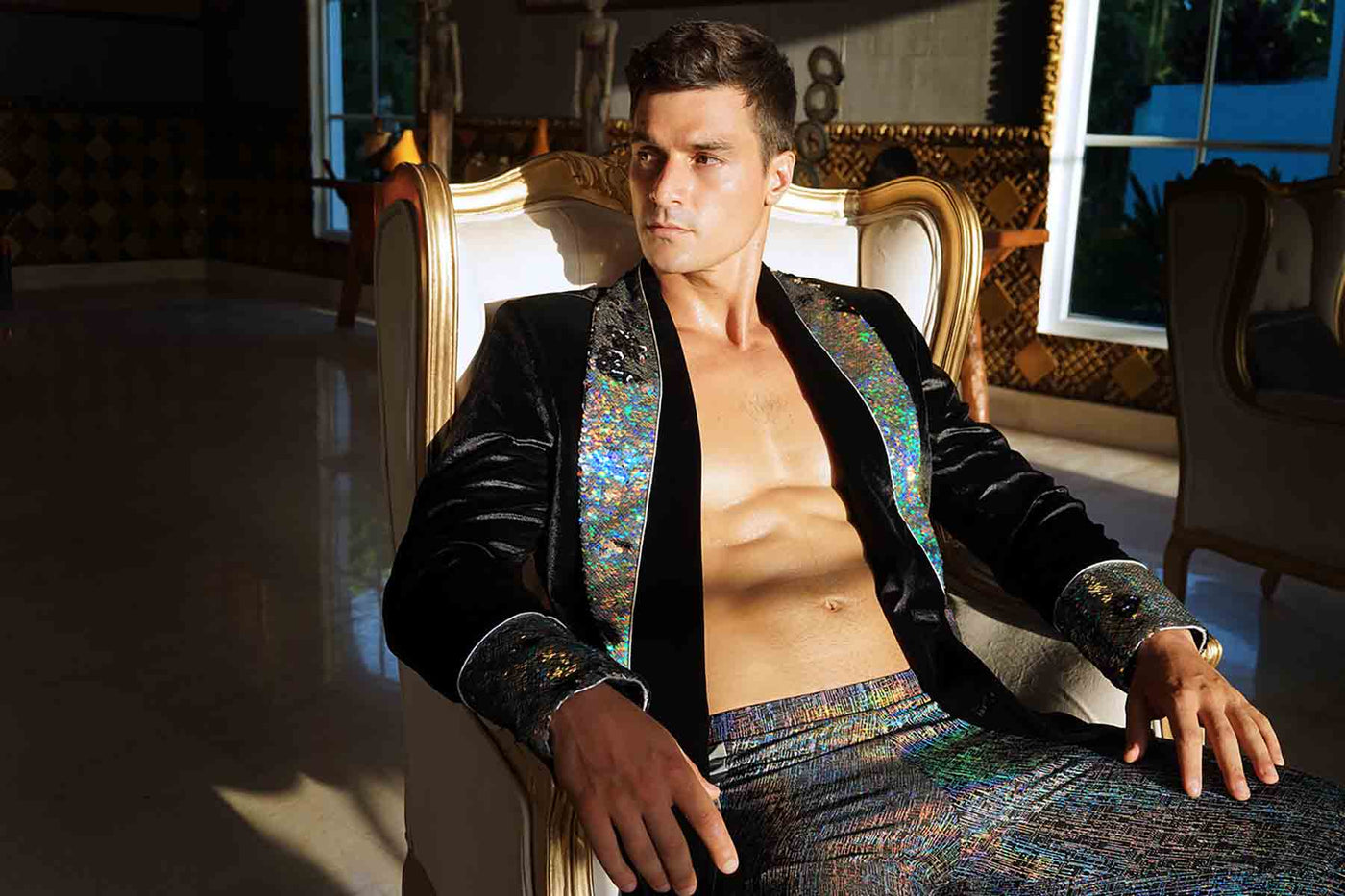 mens velvet smoking jacket with sequin collar