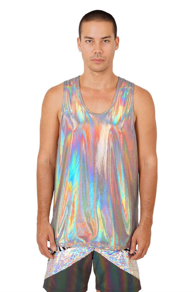 man wearing a holographic silver loose tank top from Love Khaos.