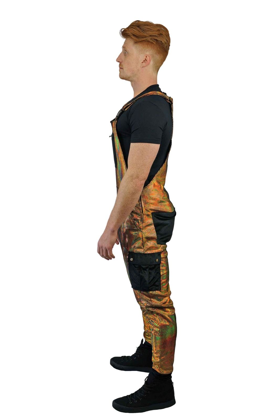 holographic gold mens festival overalls from Love Khaos