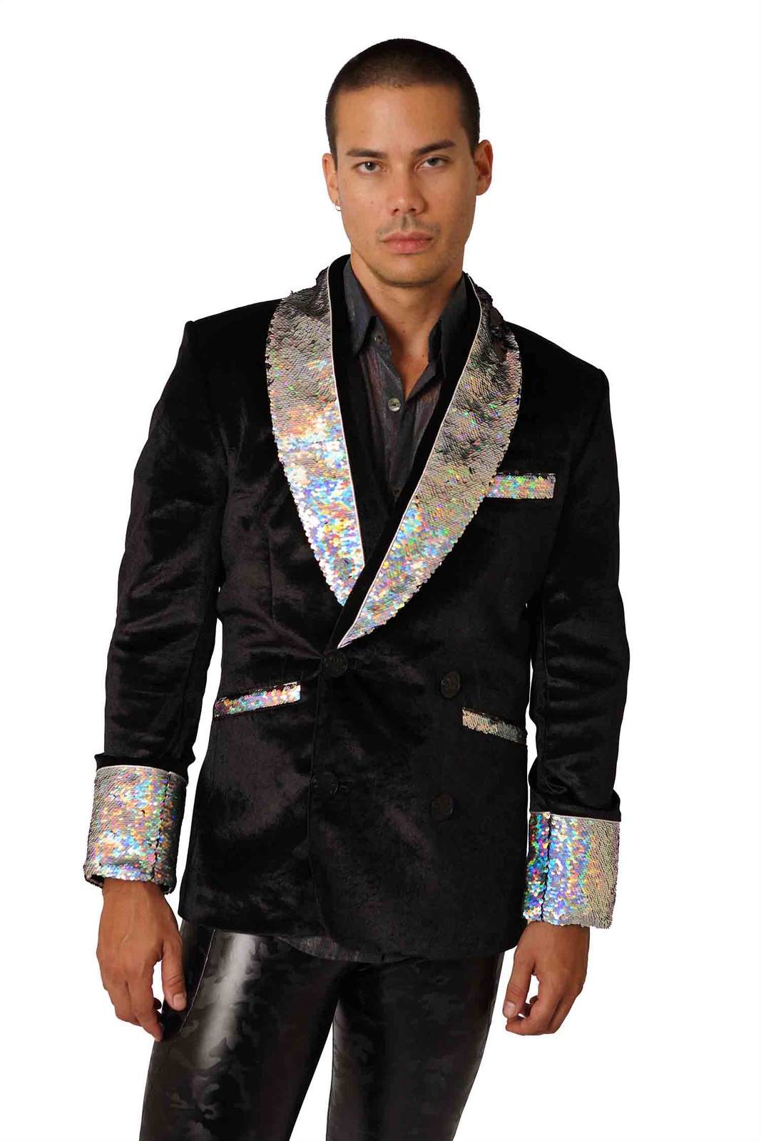 Black velvet smoking jacket with silver sequin collar and cuffs.