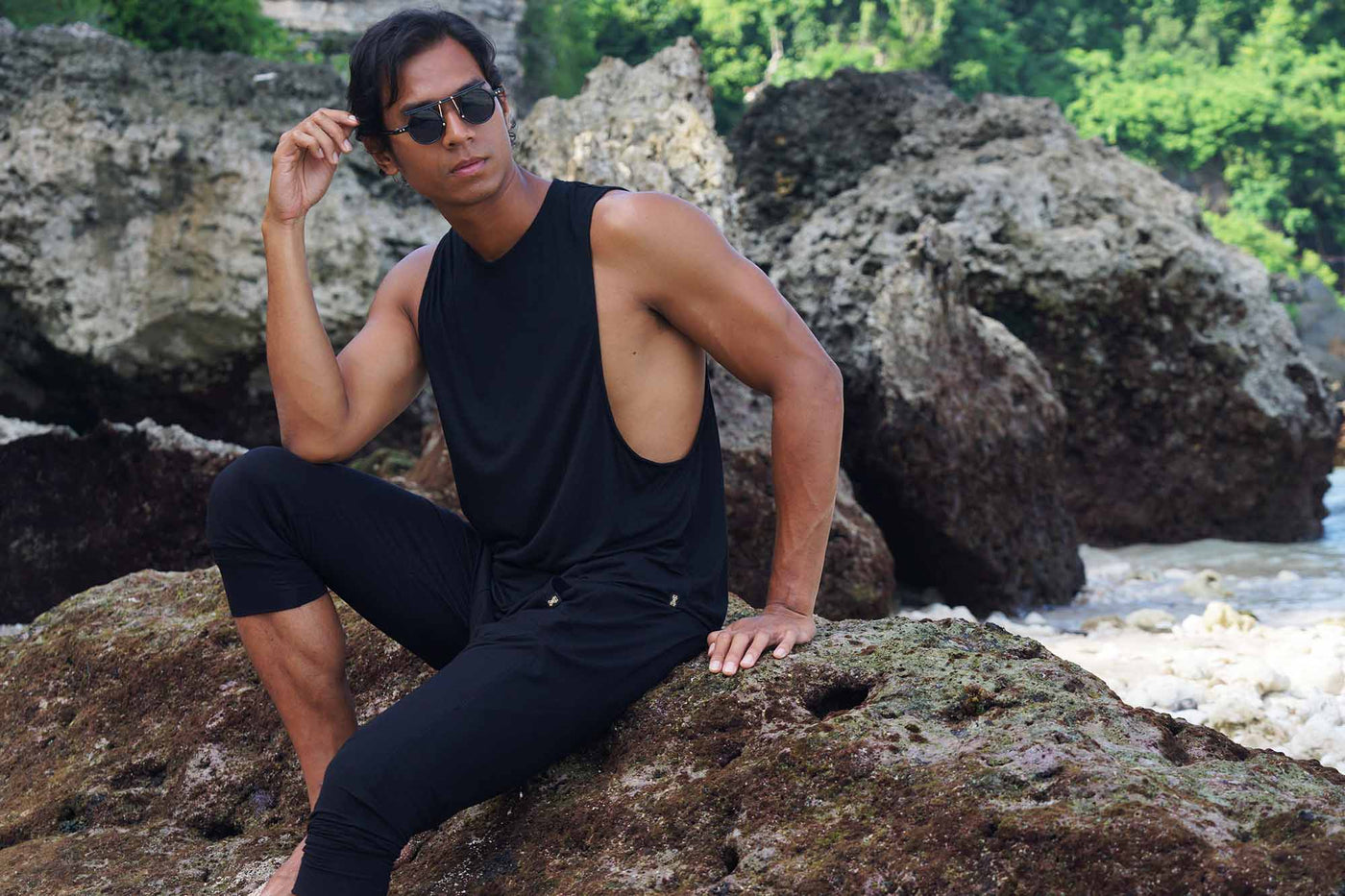 Mens black tank and shorts from Ekoluxe mens sustainable loungewear brand