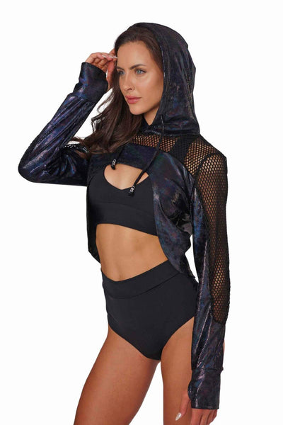 Black holographic crop mesh hoodie from Love Khaos